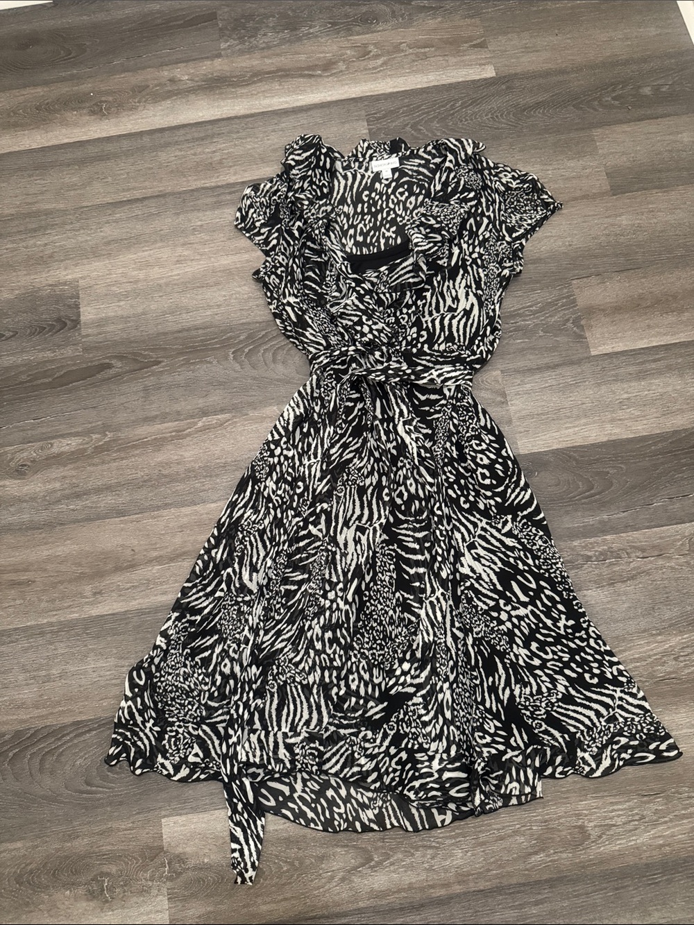 Fashion Bug Black & White Animal-Print Midi Wrap Dress